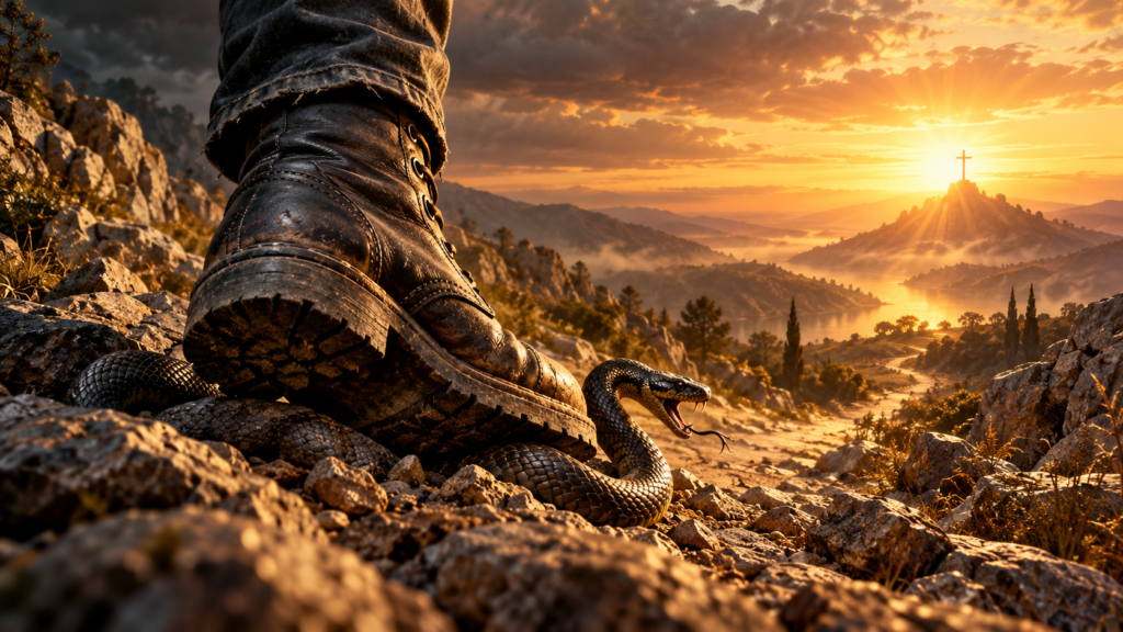 A boot crushing a serpent with a cross on a hill at sunrise