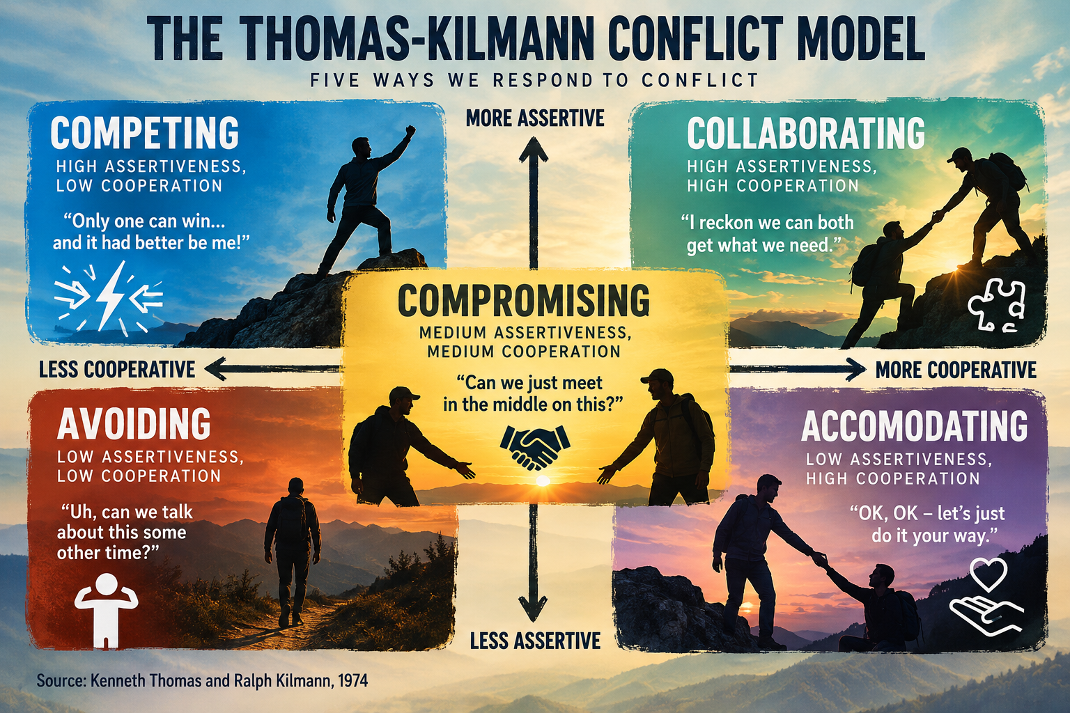 Five approaches to conflict resolution: competing, collaborating, compromising, avoiding, and accommodating.