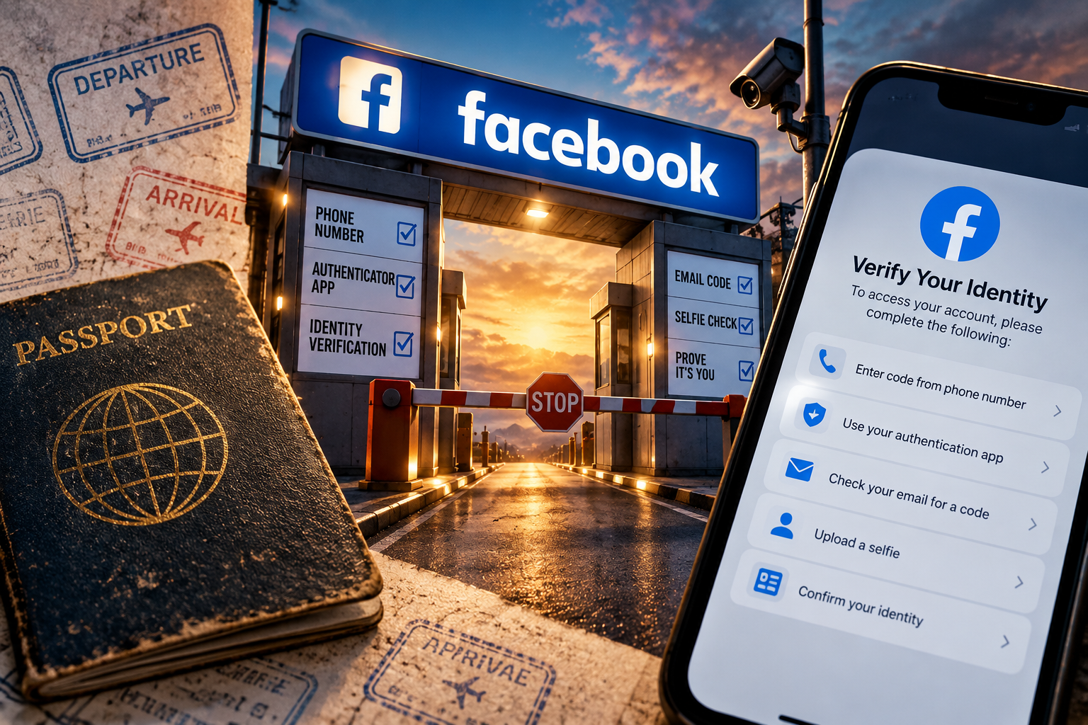 Illustration of a Facebook account verification checkpoint, with a passport and smartphone.
