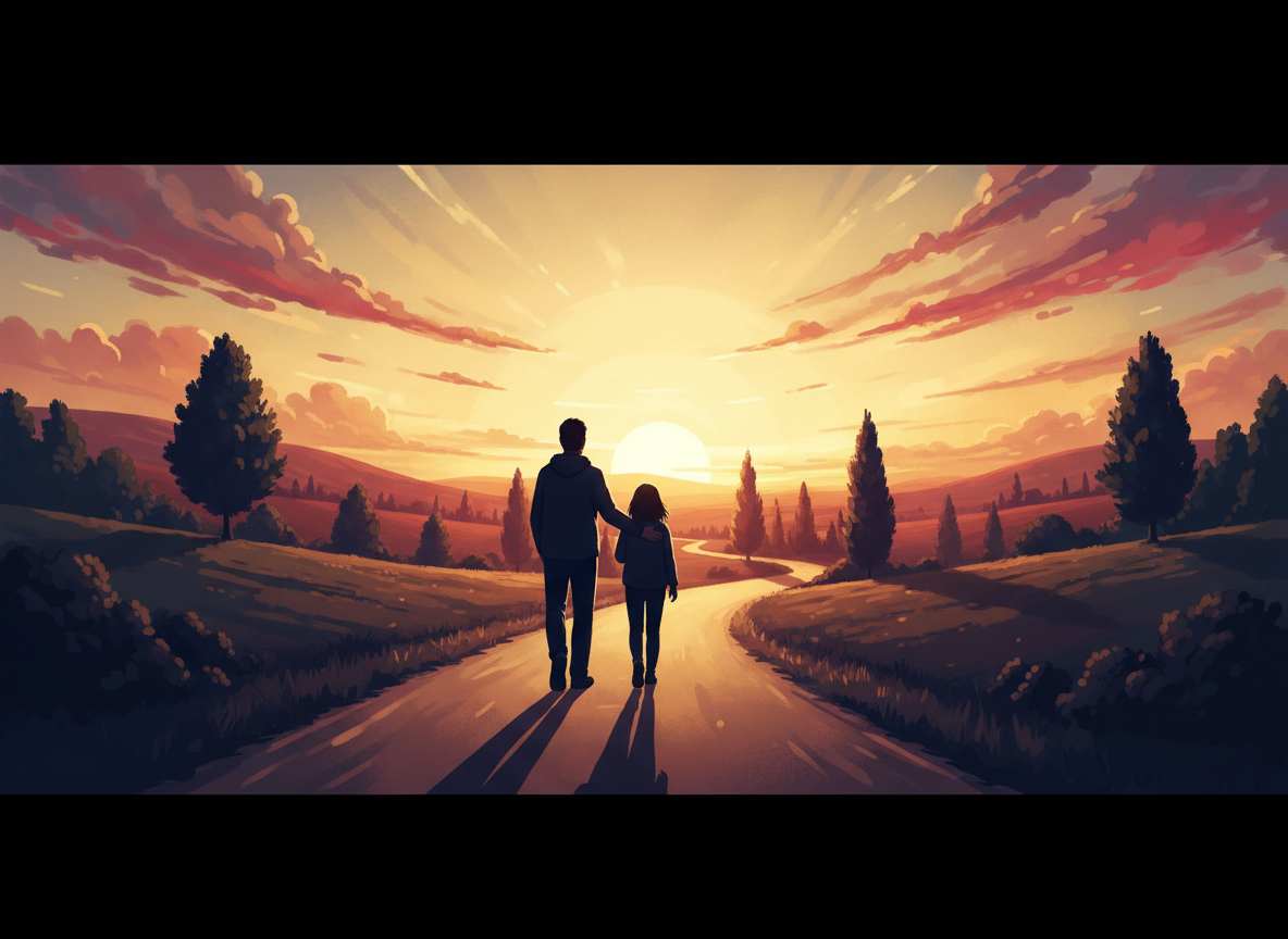 Two silhouetted figures on a road at dusk, one encouraging the other