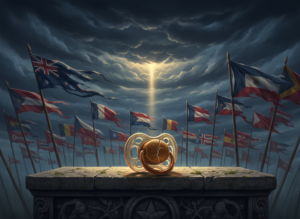 Cracked pacifier on a stone altar before storm-tossed national flags