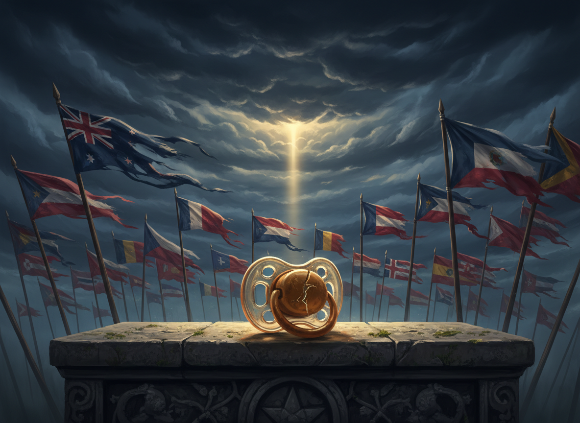 Cracked pacifier on a stone altar before storm-tossed national flags