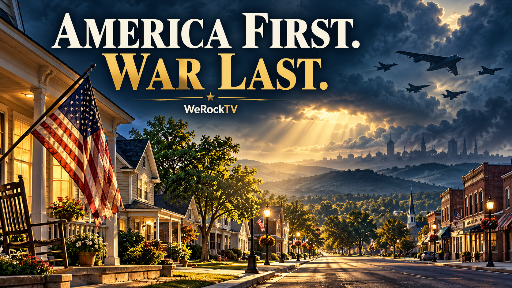 Symbolic illustration of an American main street beneath storm clouds and distant military aircraft.