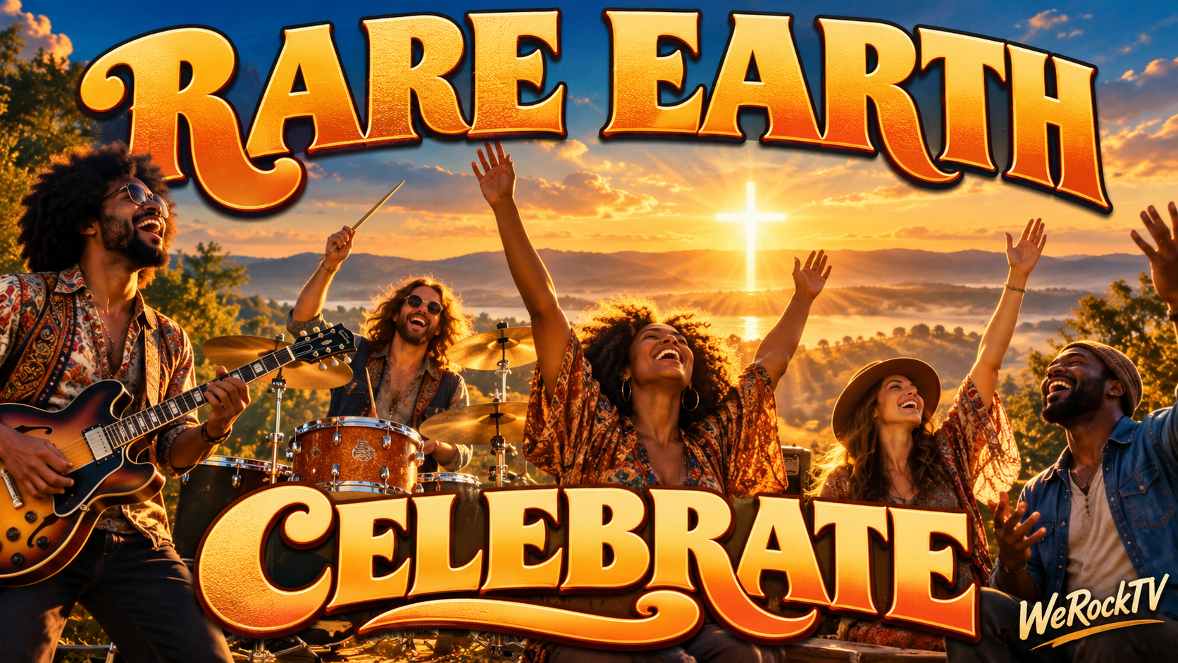 Illustration of joyful people celebrating with instruments at sunrise, with a luminous cross on the horizon.