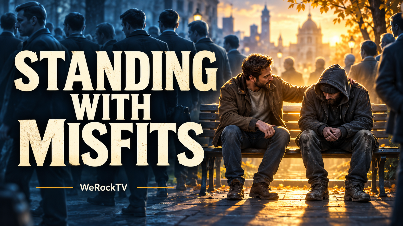 A man offers companionship to an excluded person while a crowd turns away.