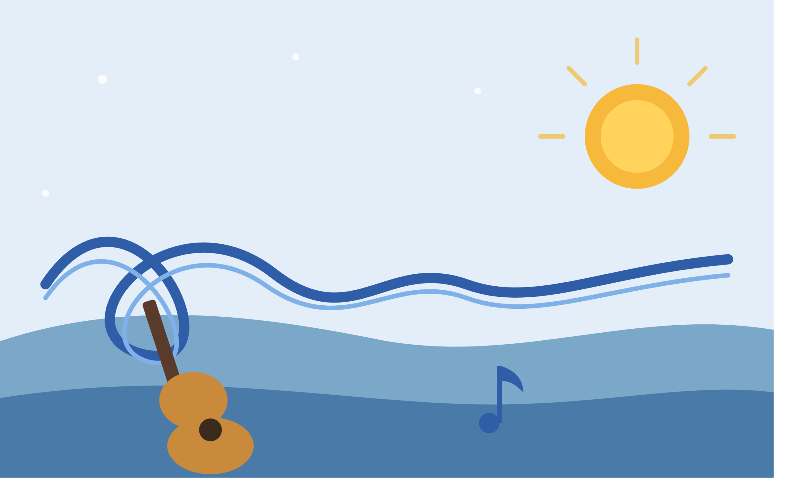 Tangled blue ribbons straightening into a calm line toward a sunrise, with hills and an acoustic guitar in the foreground.